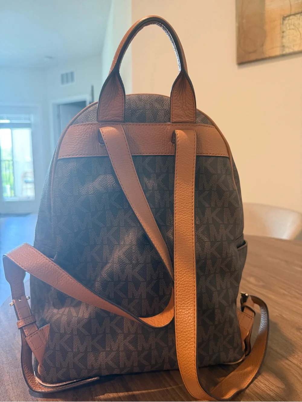 Michael Kors Brown MK Monogram Backpack with Tan Trim
